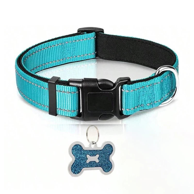 Soft Padded Reflective Dog Collar with Bone Tag – Adjustable Nylon for Small to Large Dogs