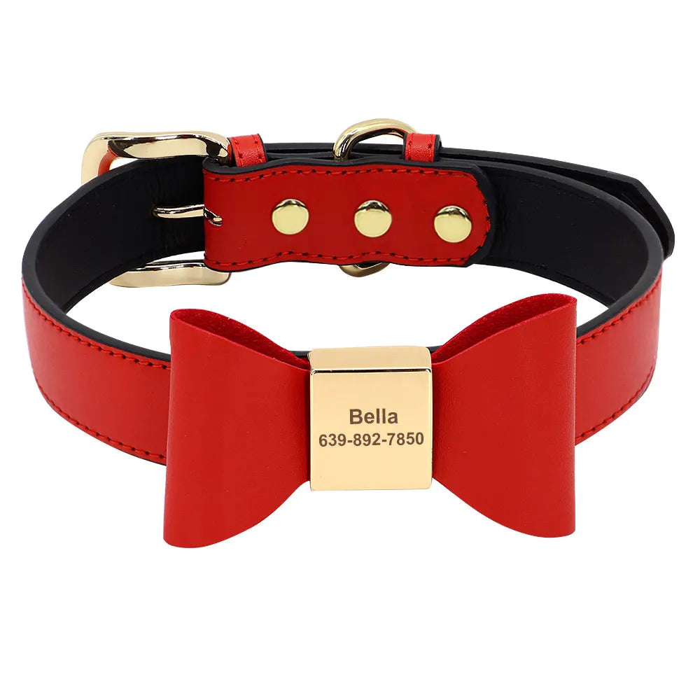 Personalized Engraved Bowknot Dog Collar – Soft PU Leather Adjustable Collar for Dogs & Cats
