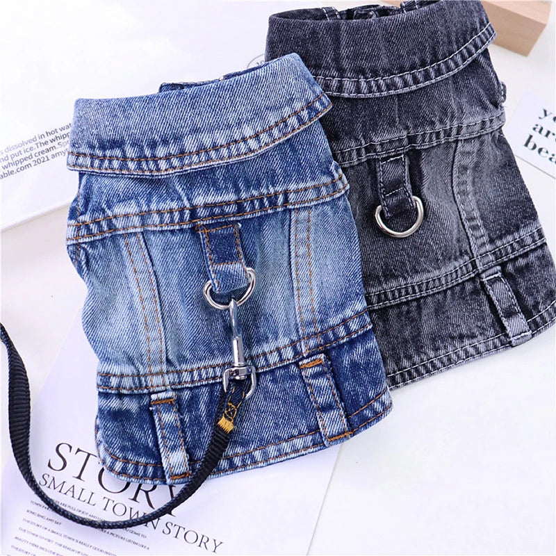 Denim Dog Jacket Harness with D-Ring – Cowboy Style Vest for Small Dogs & Cats
