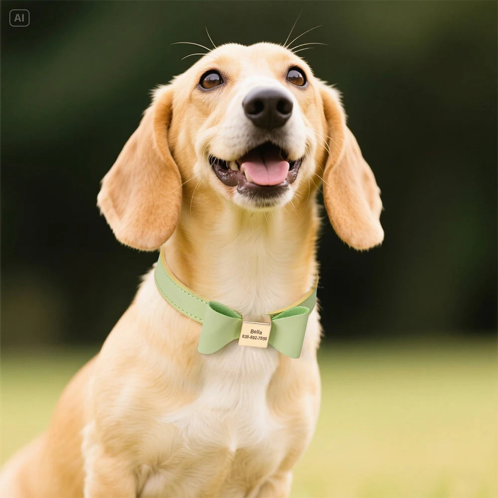 Personalized Engraved Bowknot Dog Collar – Soft PU Leather Adjustable Collar for Dogs & Cats