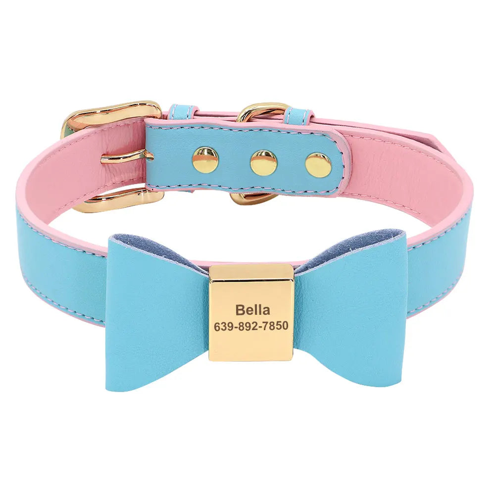 Personalized Engraved Bowknot Dog Collar – Soft PU Leather Adjustable Collar for Dogs & Cats