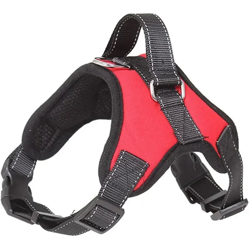 Red and black dog harness on a white background
