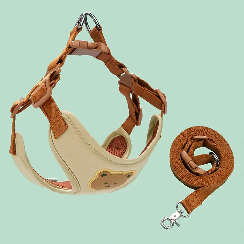 Cute Bear Pattern Dog Harness & Leash Set – Breathable Adjustable Vest for Small Dogs