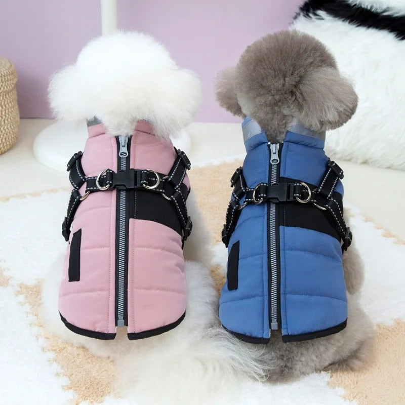 Padded Winter Dog Jacket with Built-In Harness – Reflective Zipper Coat for Small Dogs & Cats