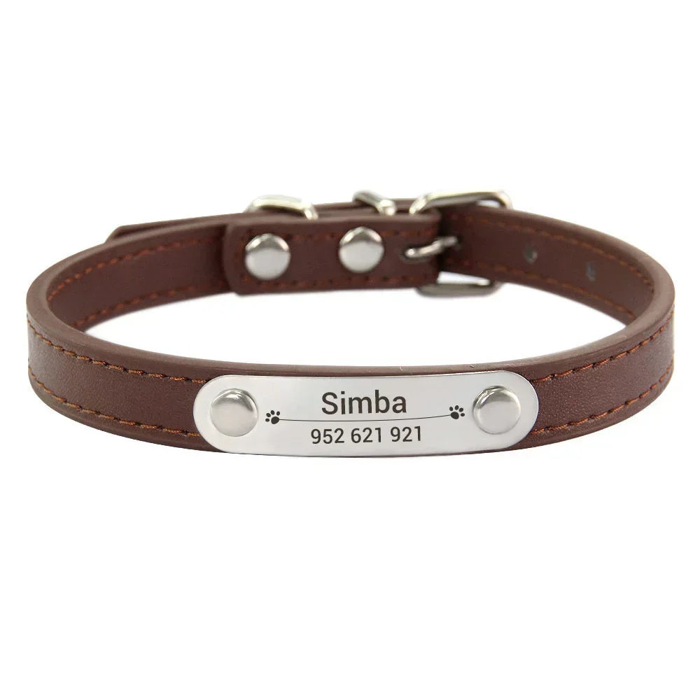 Personalized PU Leather Dog Collar – Custom Name ID Tag for Small to Large Dogs