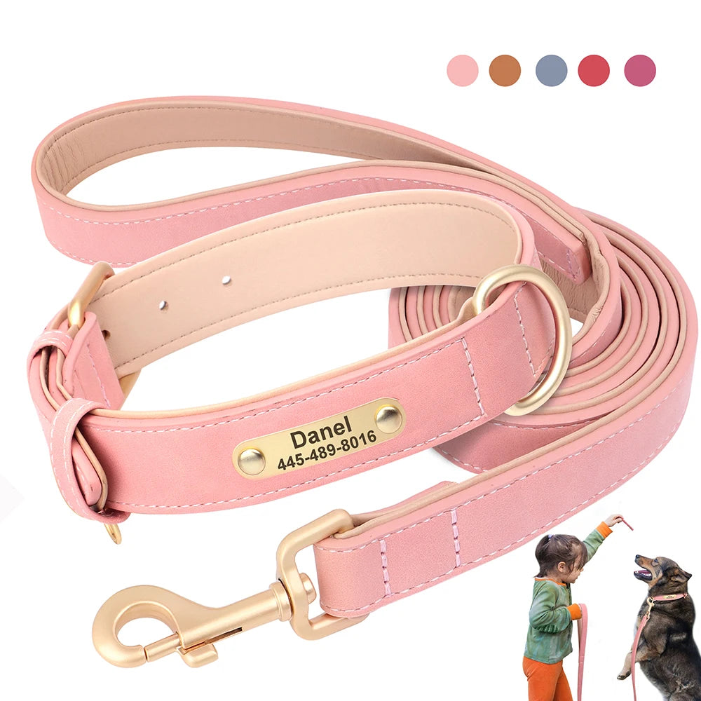 Personalized PU Leather Dog Collar & Leash Set – Free Custom ID Nameplate