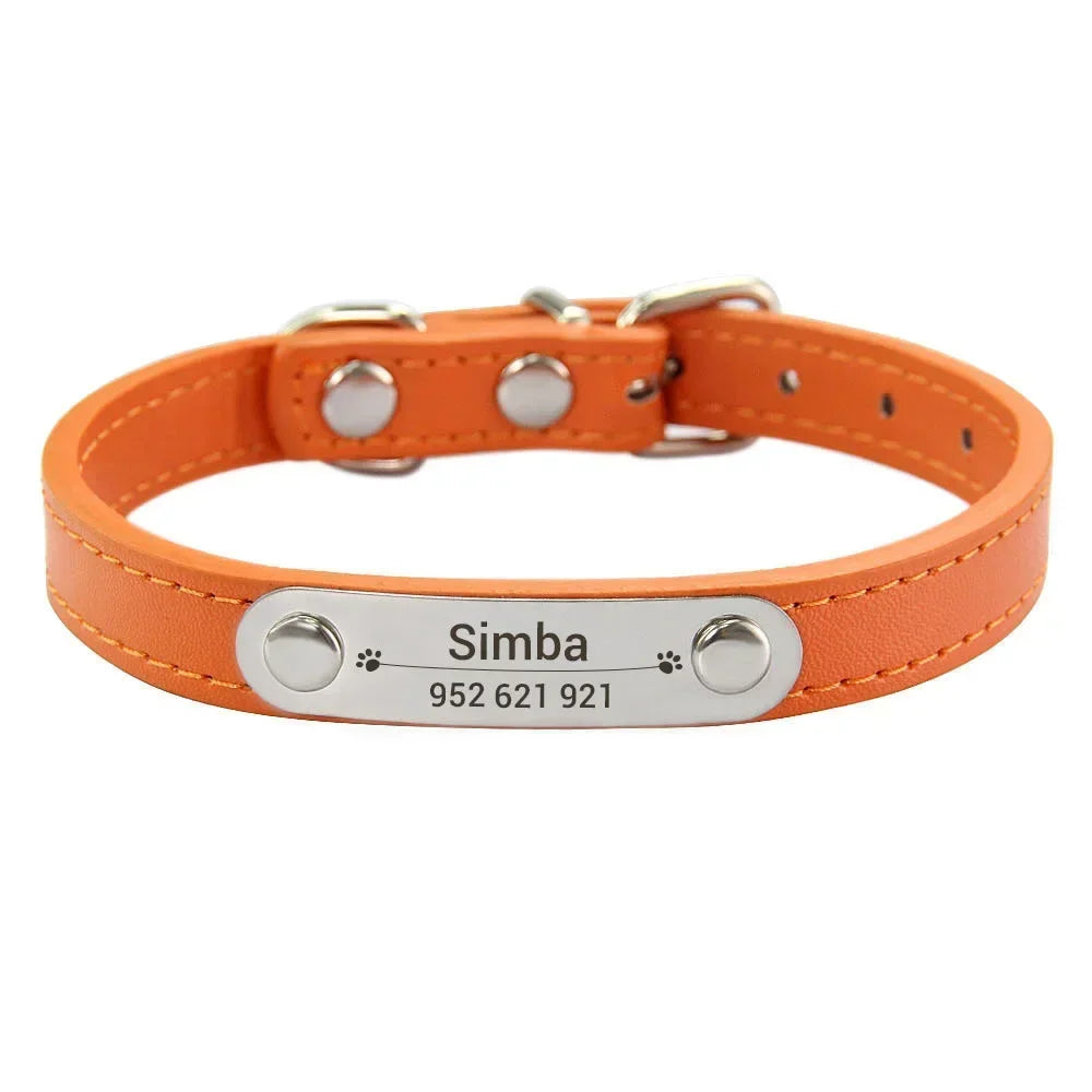 Personalized PU Leather Dog Collar – Custom Name ID Tag for Small to Large Dogs