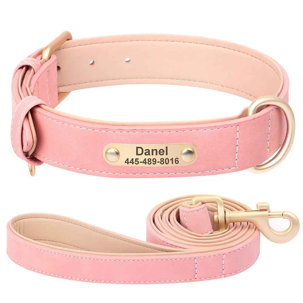 Personalized PU Leather Dog Collar & Leash Set – Free Custom ID Nameplate