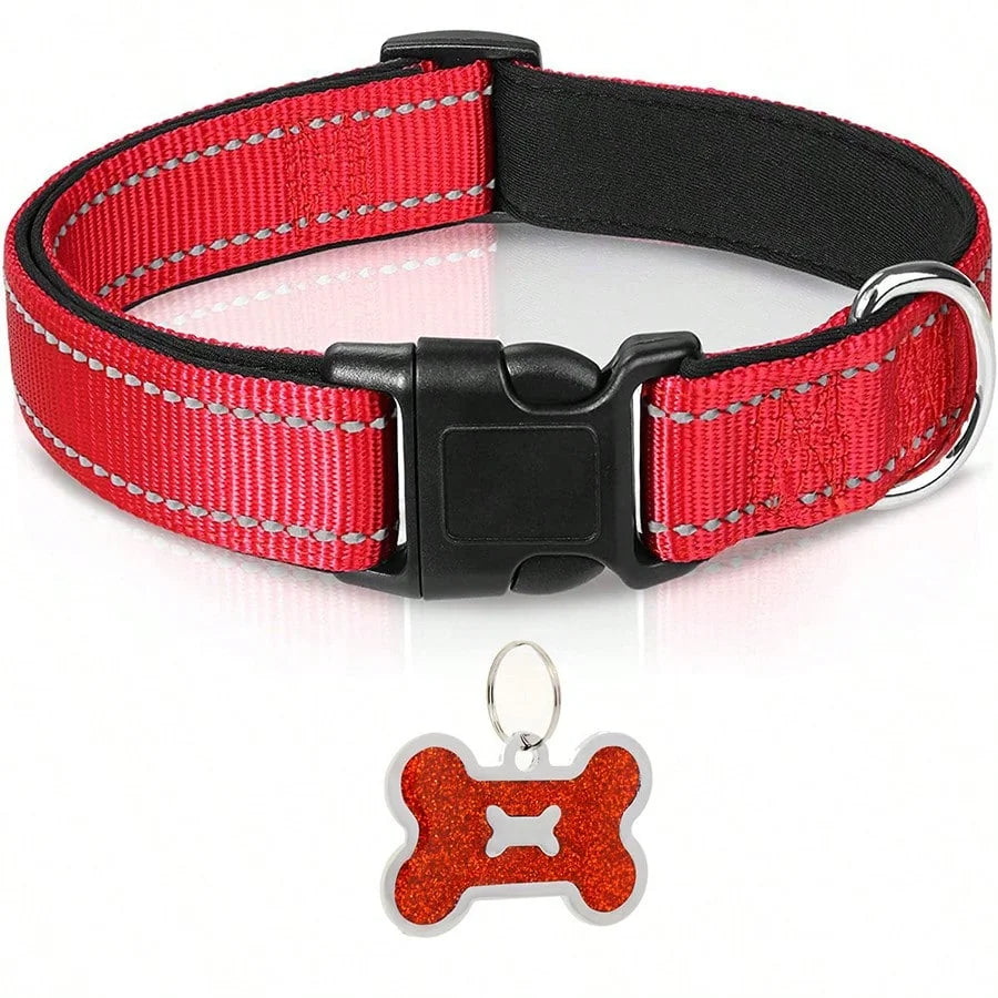 Soft Padded Reflective Dog Collar with Bone Tag – Adjustable Nylon for Small to Large Dogs