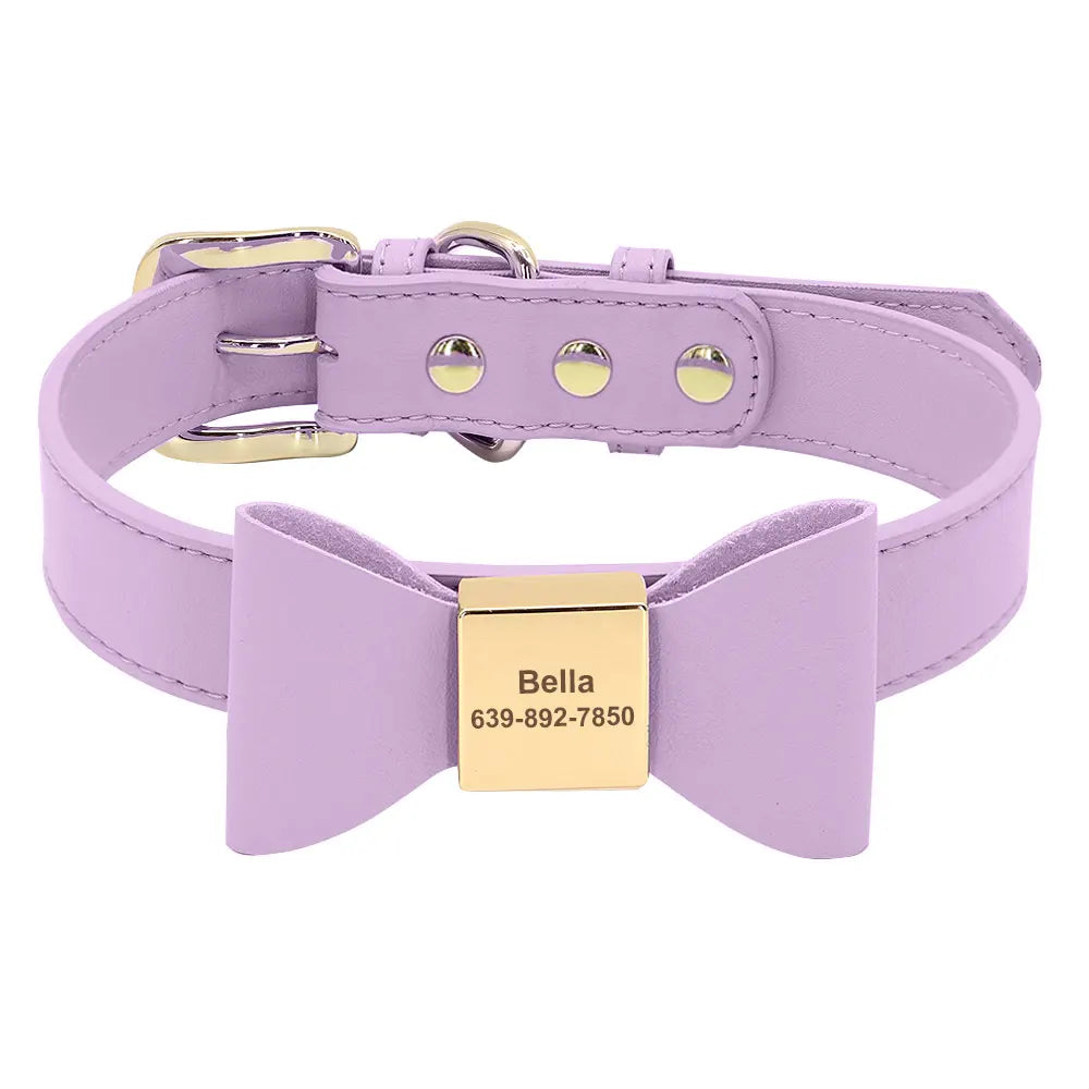Personalized Engraved Bowknot Dog Collar – Soft PU Leather Adjustable Collar for Dogs & Cats