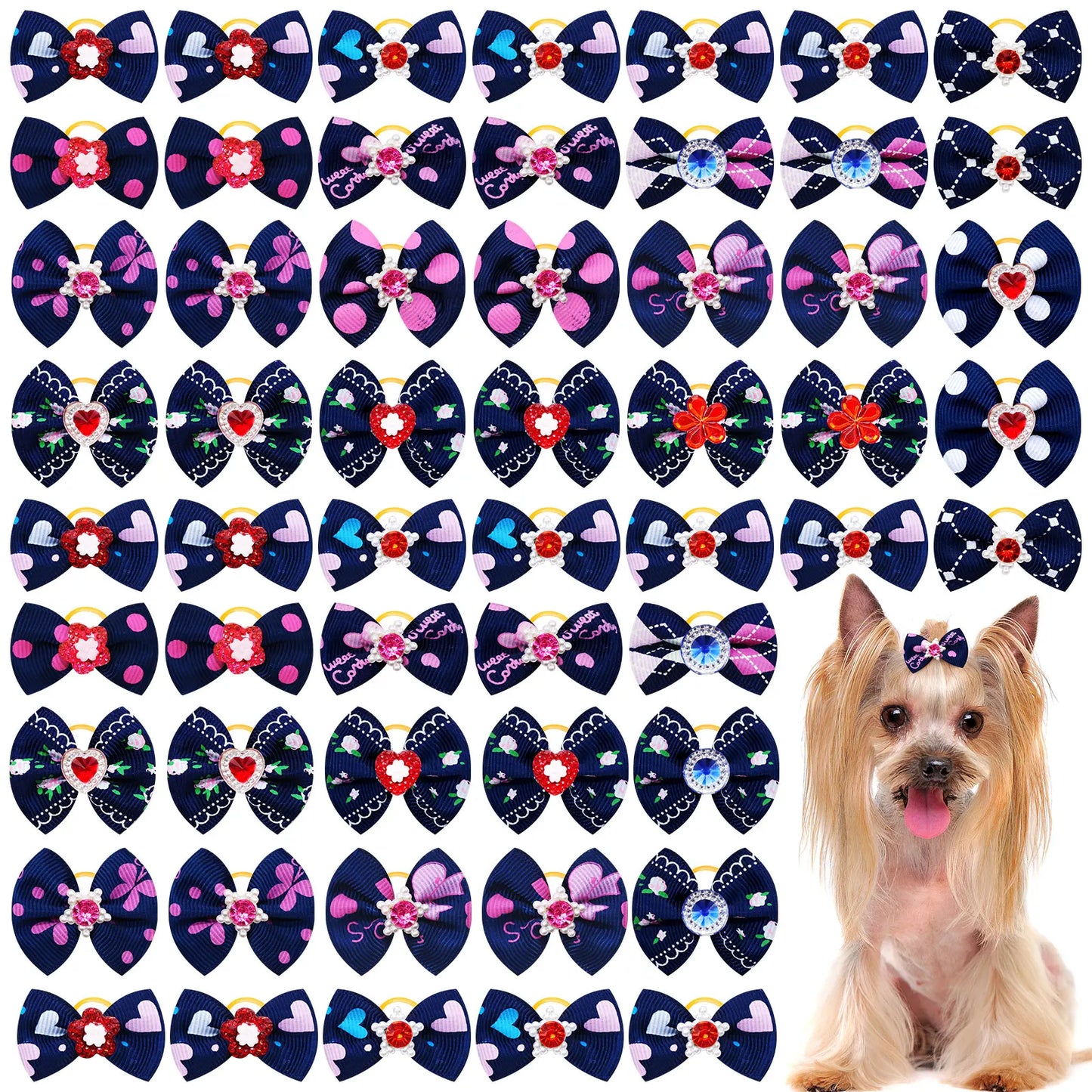 20-Pack Pet Hair Bows with Diamond & Pearl – Grooming Accessories for Dogs & Cats