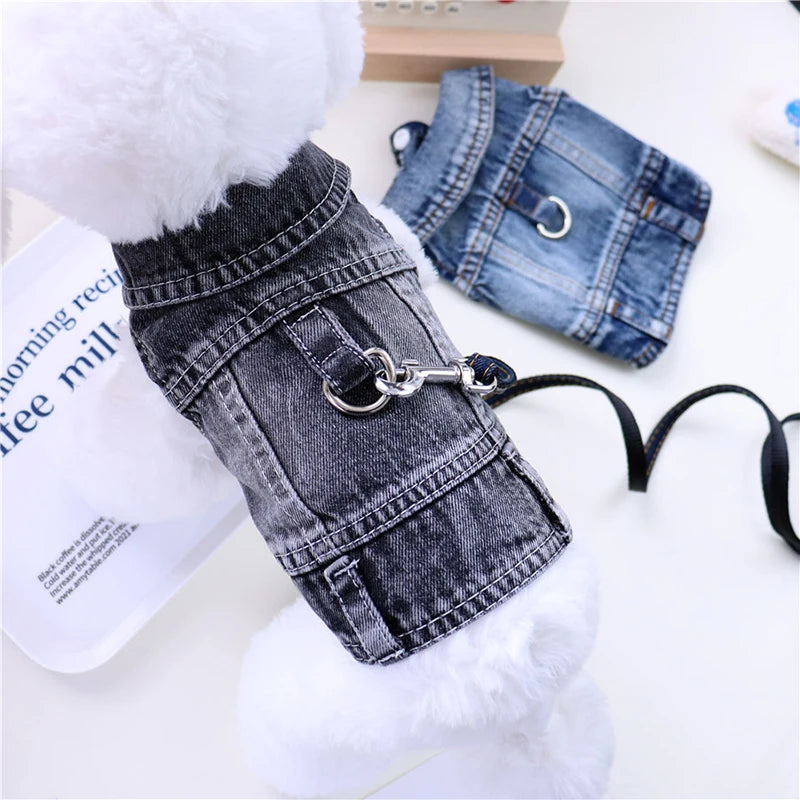 Denim Dog Jacket Harness with D-Ring – Cowboy Style Vest for Small Dogs & Cats