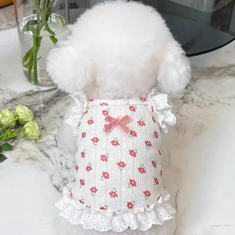 Fashion Bow Suspender Dog Vest – Floral Lace Summer Shirt for Small Dogs & Cats