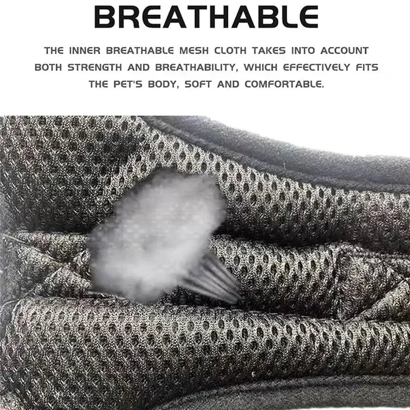 Text about breathable mesh fabric for a pet product with a close-up of the material.