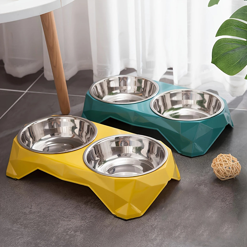 Non-Slip Double Pet Bowl – Large Capacity Diamond Pattern Food & Water Feeder