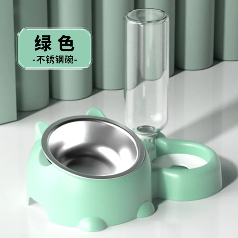 Tilted Pet Bowl Set with Automatic Water Dispenser – No-Spill Food & Water Feeder
