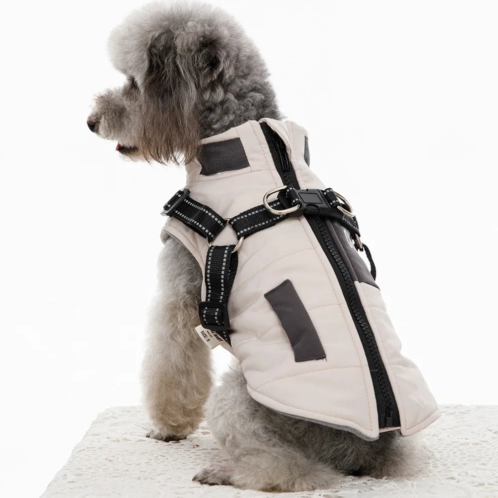Windproof Hooded Dog Coat with Double-D Leash Ring – Warm Vest-Style Jacket for Dogs