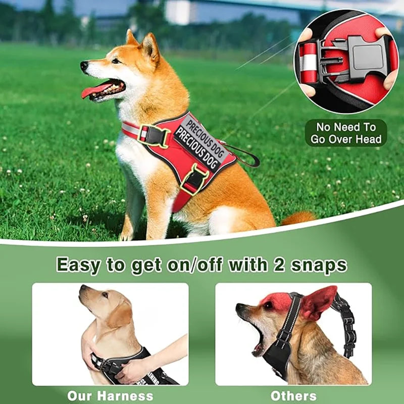 Dog wearing a red harness with text and inset showing ease of use.