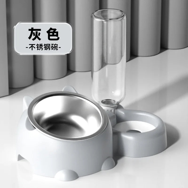 Tilted Pet Bowl Set with Automatic Water Dispenser – No-Spill Food & Water Feeder