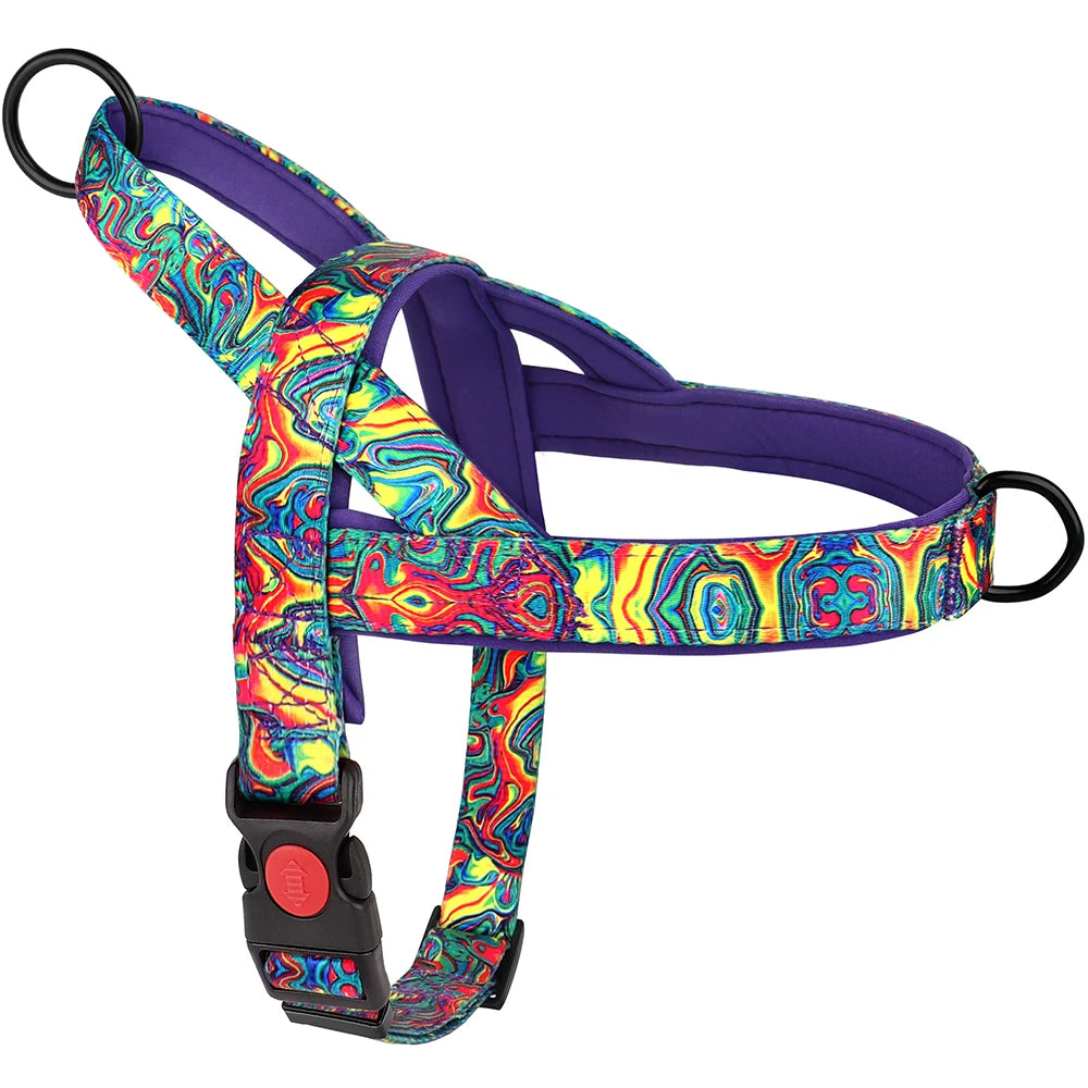 Colorful patterned dog harness on a white background
