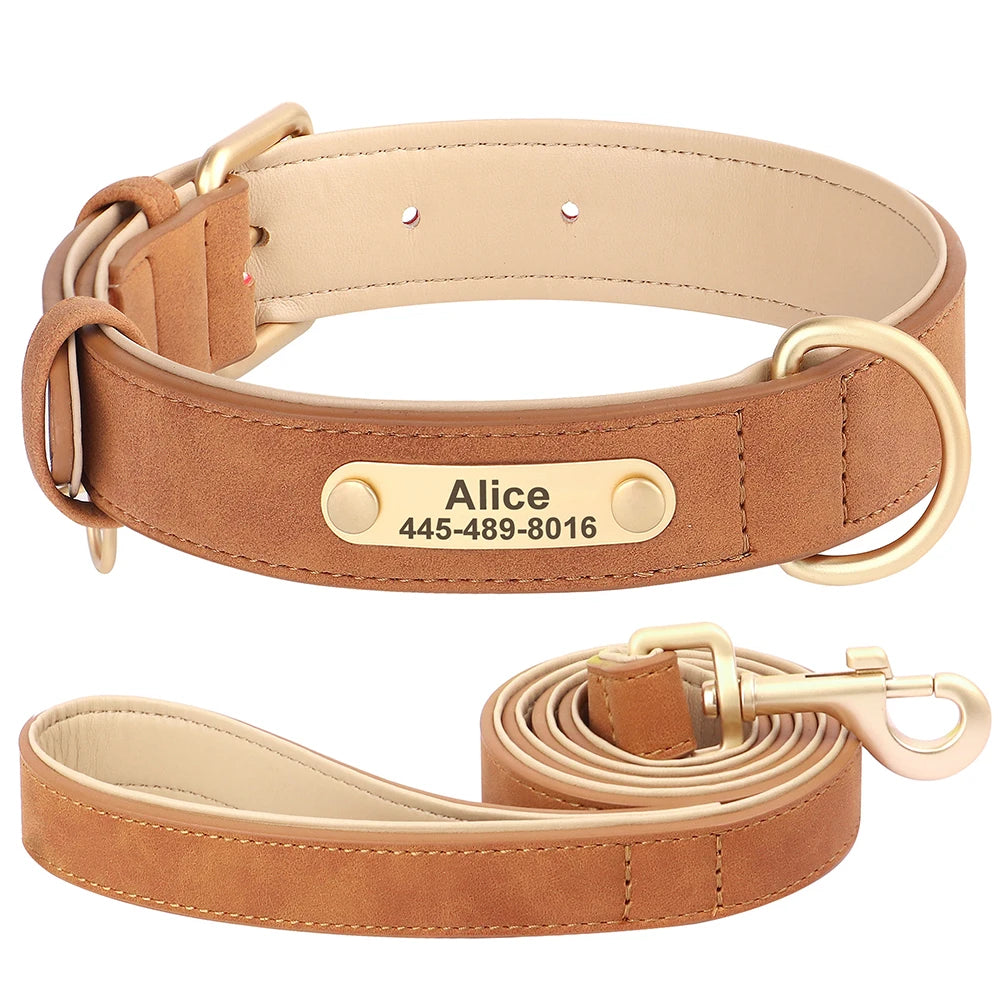 Personalized PU Leather Dog Collar & Leash Set – Free Custom ID Nameplate
