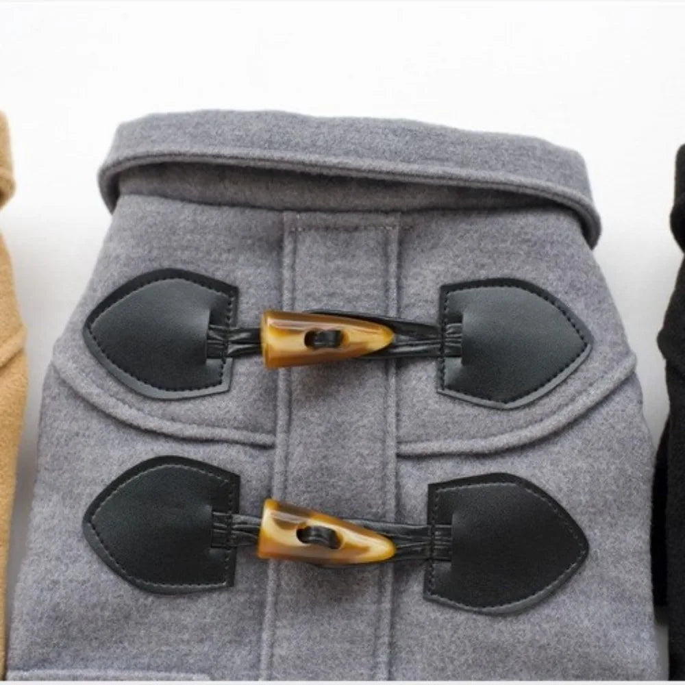 Gray coat with black and gold buttons on a white background