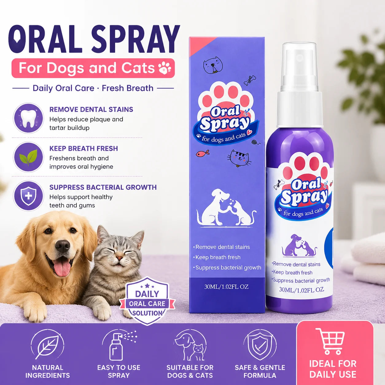 Pet Teeth Cleaning Spray – Removes Stains, Prevents Calculus & Freshens Breath for Dogs & Cats (30ml)