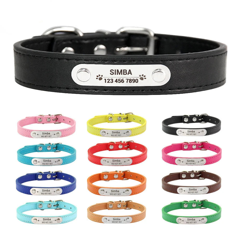 Personalized PU Leather Dog Collar – Custom Name ID Tag for Small to Large Dogs