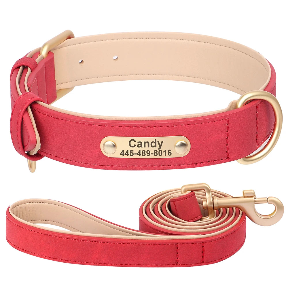 Personalized PU Leather Dog Collar & Leash Set – Free Custom ID Nameplate