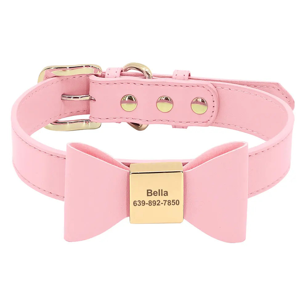 Personalized Engraved Bowknot Dog Collar – Soft PU Leather Adjustable Collar for Dogs & Cats