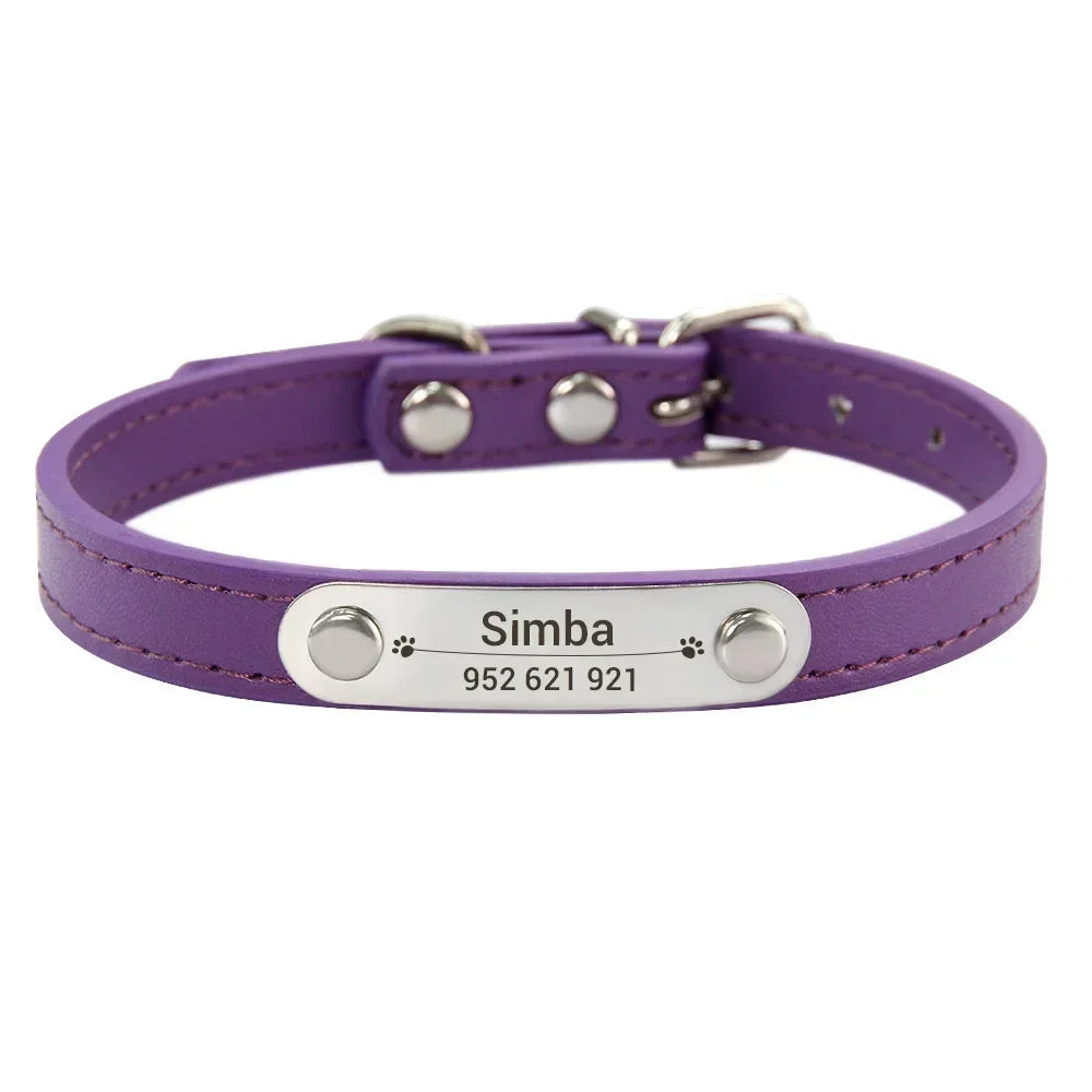 Personalized PU Leather Dog Collar – Custom Name ID Tag for Small to Large Dogs