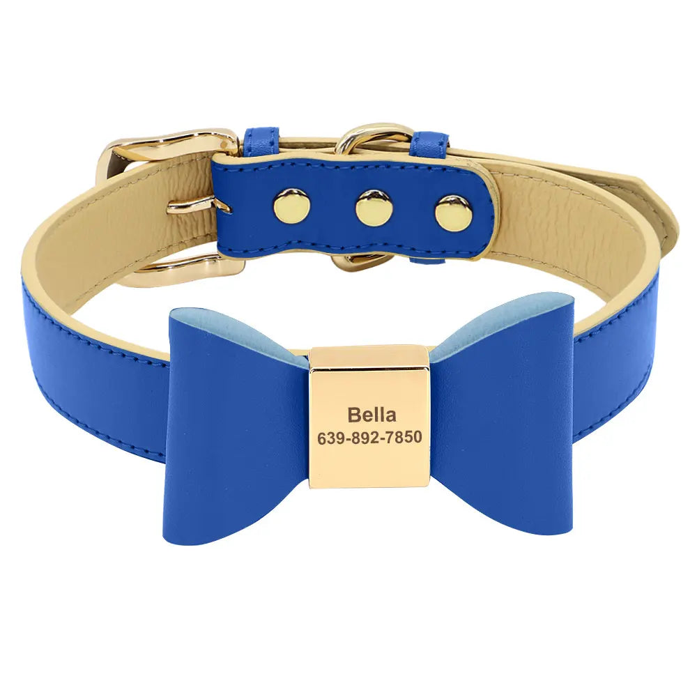 Personalized Engraved Bowknot Dog Collar – Soft PU Leather Adjustable Collar for Dogs & Cats