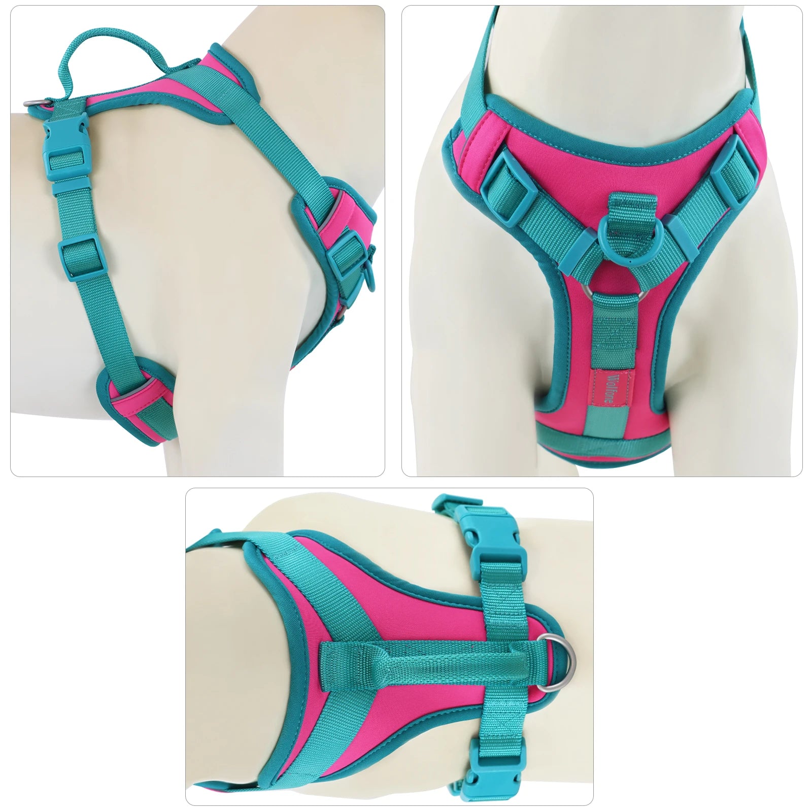 Teal and pink dog harness on a mannequin with close-up views.