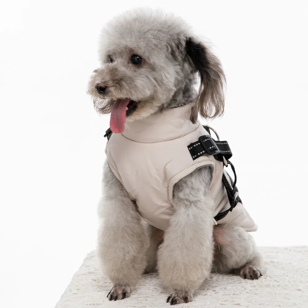 Windproof Hooded Dog Coat with Double-D Leash Ring – Warm Vest-Style Jacket for Dogs