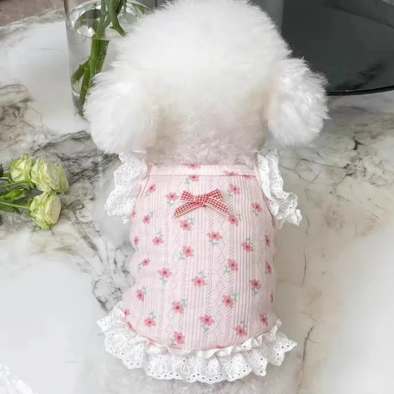 Fashion Bow Suspender Dog Vest – Floral Lace Summer Shirt for Small Dogs & Cats