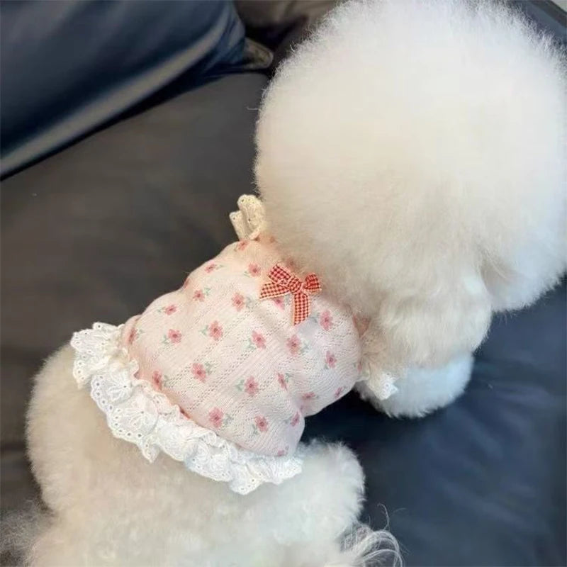 Fashion Bow Suspender Dog Vest – Floral Lace Summer Shirt for Small Dogs & Cats