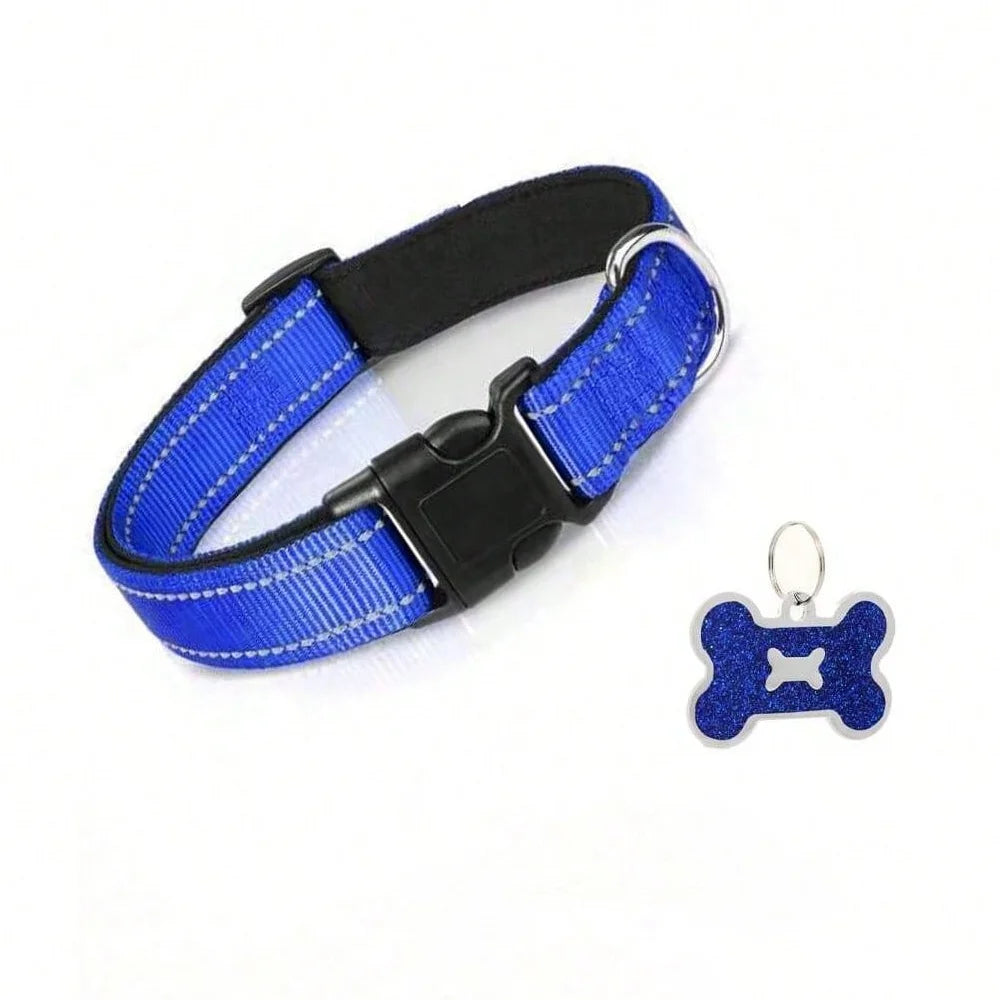 Soft Padded Reflective Dog Collar with Bone Tag – Adjustable Nylon for Small to Large Dogs