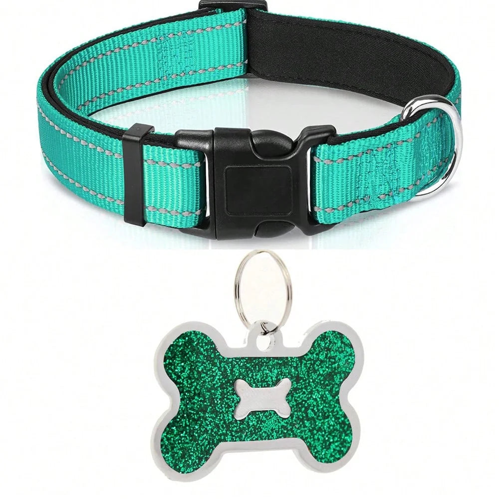 Soft Padded Reflective Dog Collar with Bone Tag – Adjustable Nylon for Small to Large Dogs