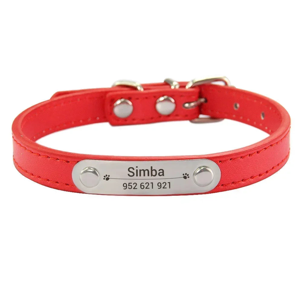 Personalized PU Leather Dog Collar – Custom Name ID Tag for Small to Large Dogs