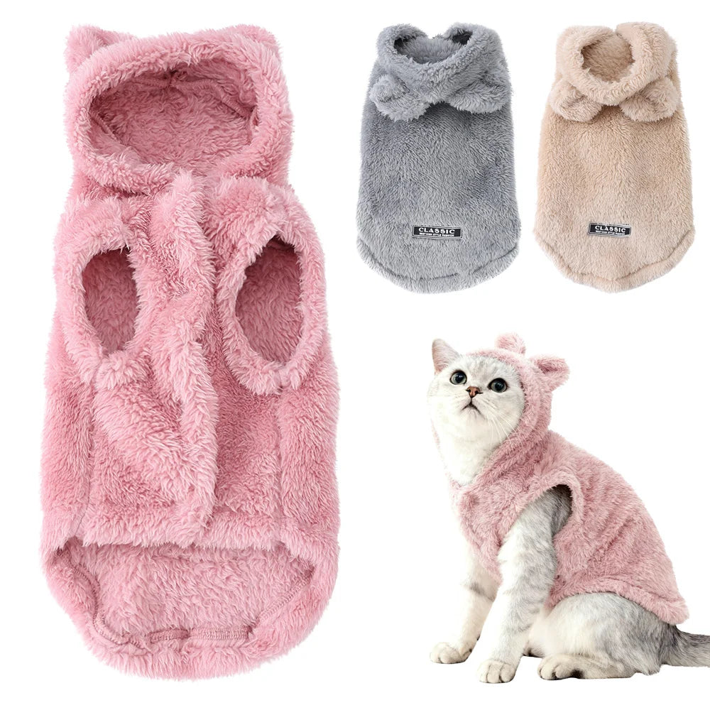 Hooded Fleece Cat & Dog Jacket with Rabbit Ears – Warm Winter Coat for Small Pets