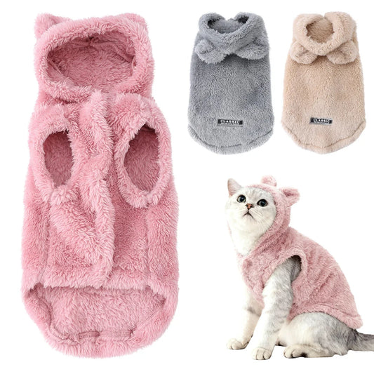 Hooded Fleece Cat & Dog Jacket with Rabbit Ears – Warm Winter Coat for Small Pets