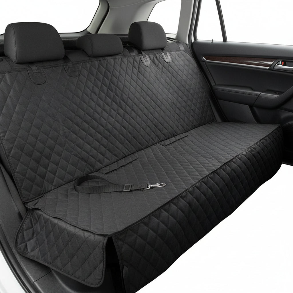 Black car seat cover with quilted pattern and straps on a white background