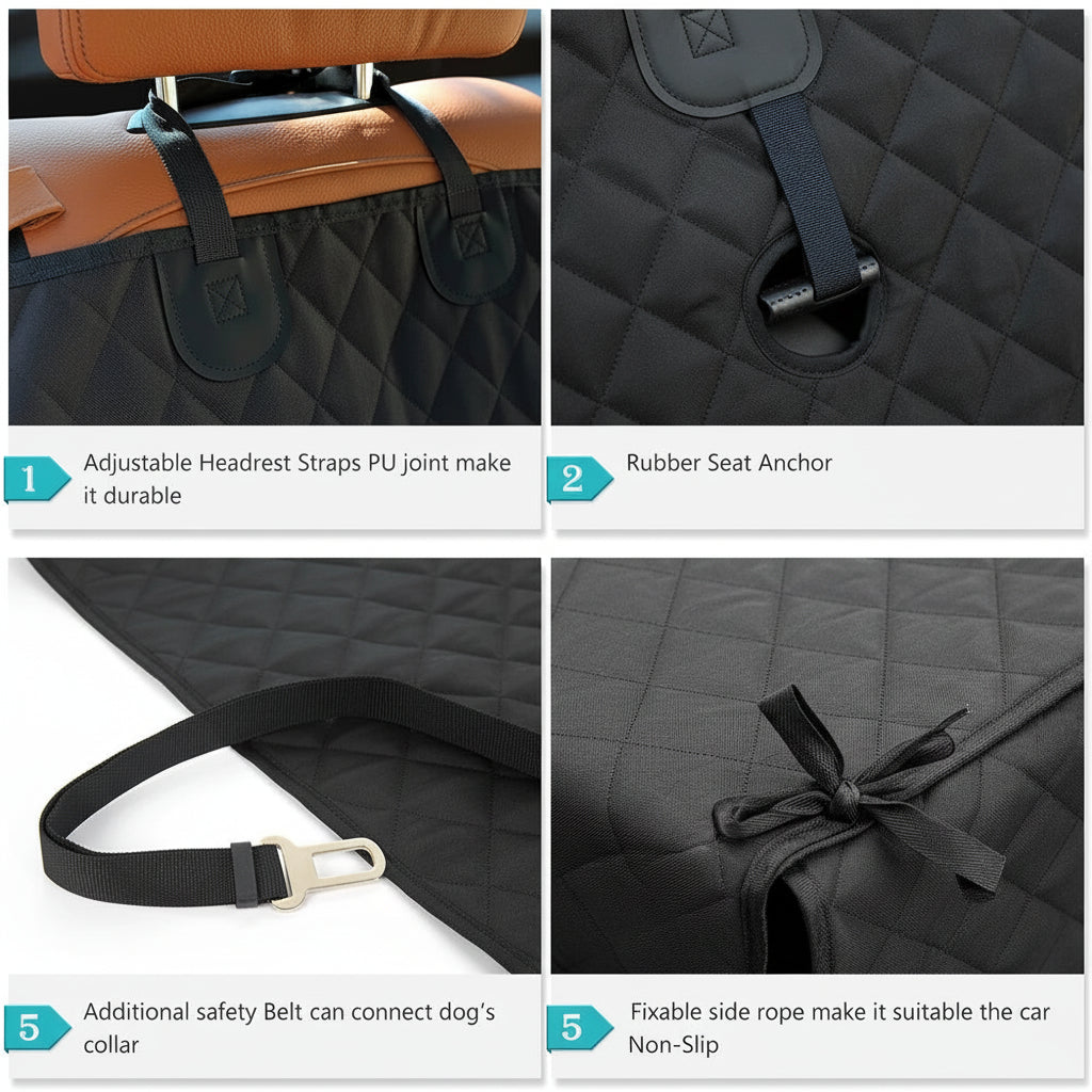 Car seat cover with adjustable headrest straps, rubber seat anchor, safety belt, and fixable side rope.