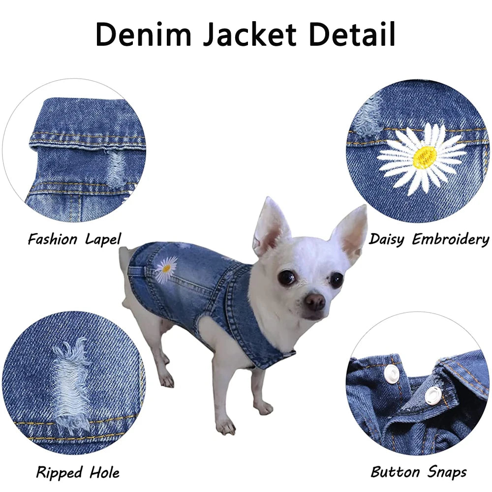 Daisy Embroidery Dog Denim Jacket – Vintage Washed Jeans Vest for Small & Medium Dogs