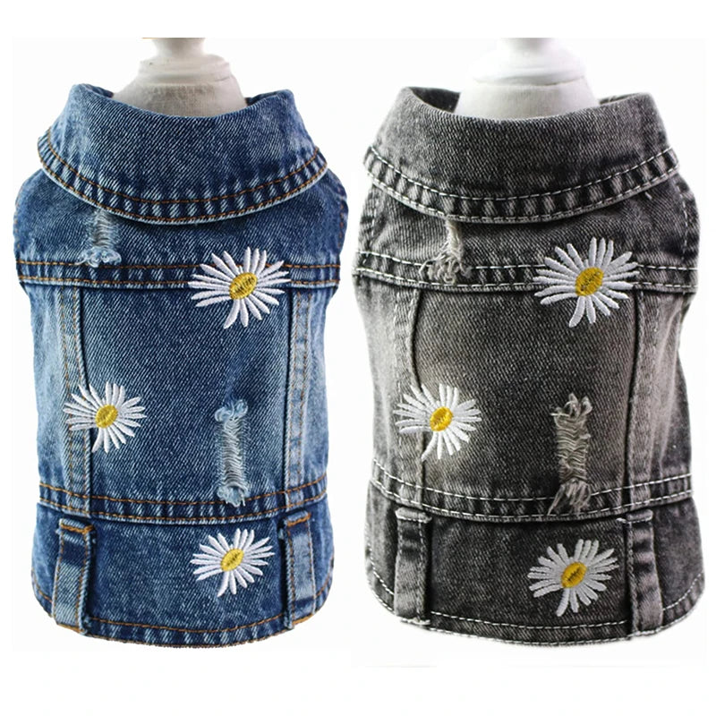 Daisy Embroidery Dog Denim Jacket – Vintage Washed Jeans Vest for Small & Medium Dogs