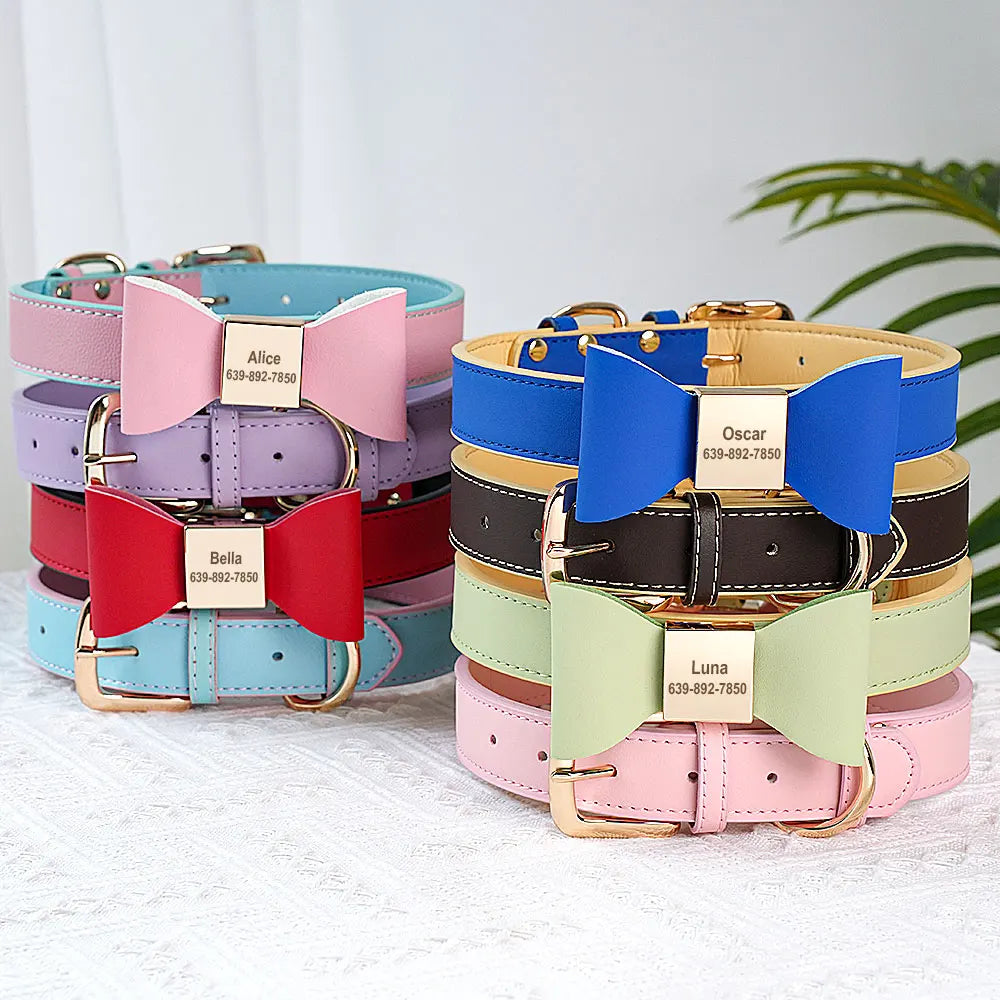 Personalized Engraved Bowknot Dog Collar – Soft PU Leather Adjustable Collar for Dogs & Cats
