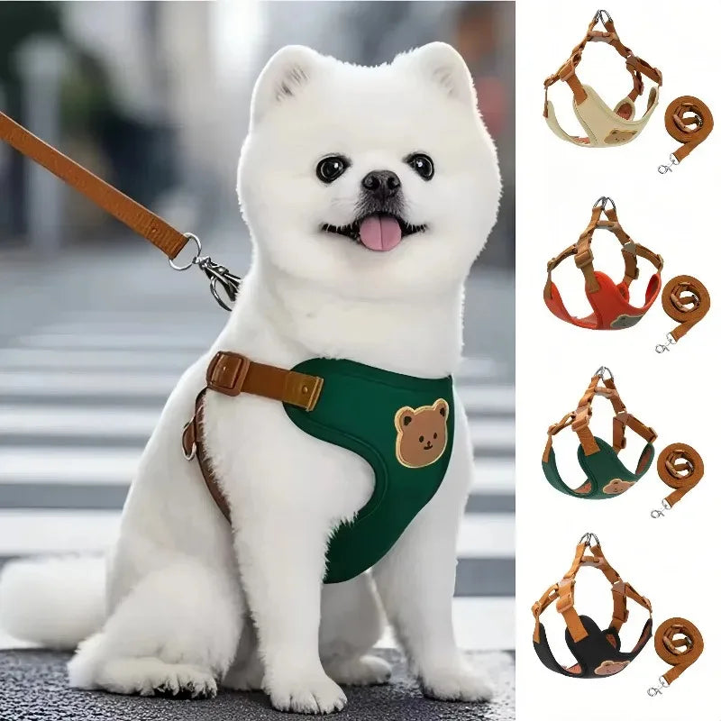 Cute Bear Pattern Dog Harness & Leash Set – Breathable Adjustable Vest for Small Dogs