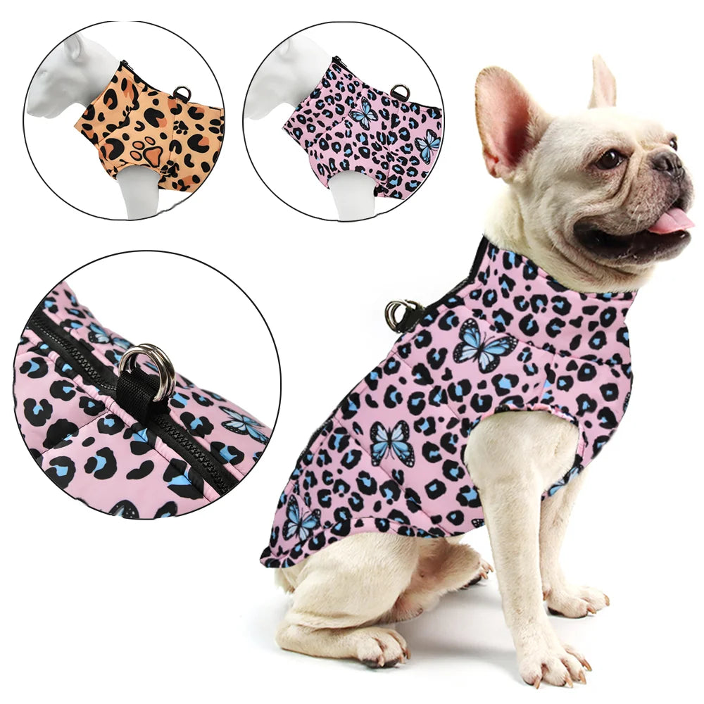 Leopard & Butterfly Print Waterproof Pet Coat with D-Ring – Winter Jacket for Dogs & Cats
