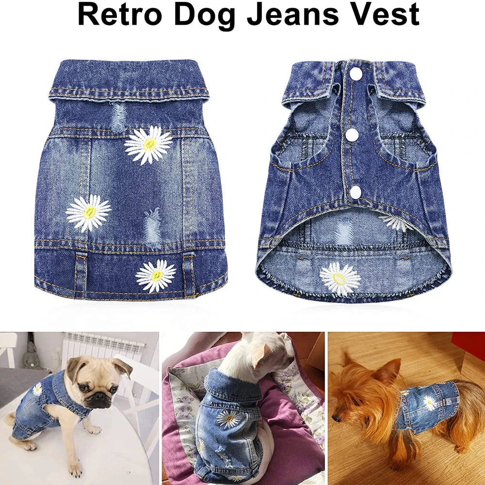 Daisy Embroidery Dog Denim Jacket – Vintage Washed Jeans Vest for Small & Medium Dogs