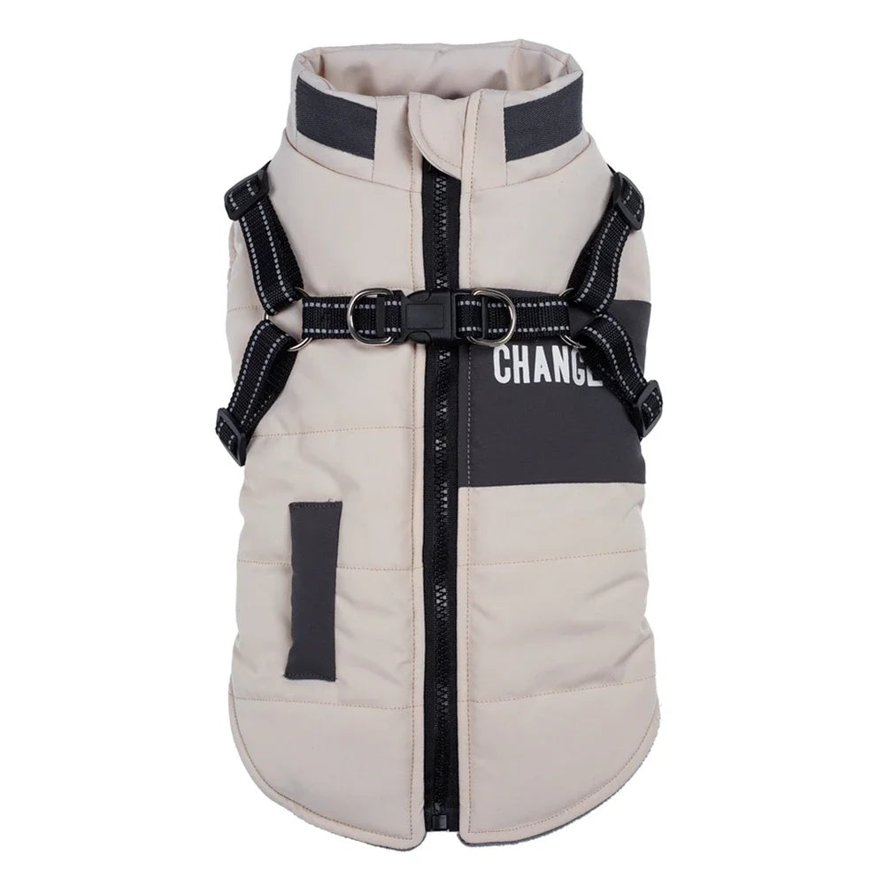 Windproof Hooded Dog Coat with Double-D Leash Ring – Warm Vest-Style Jacket for Dogs